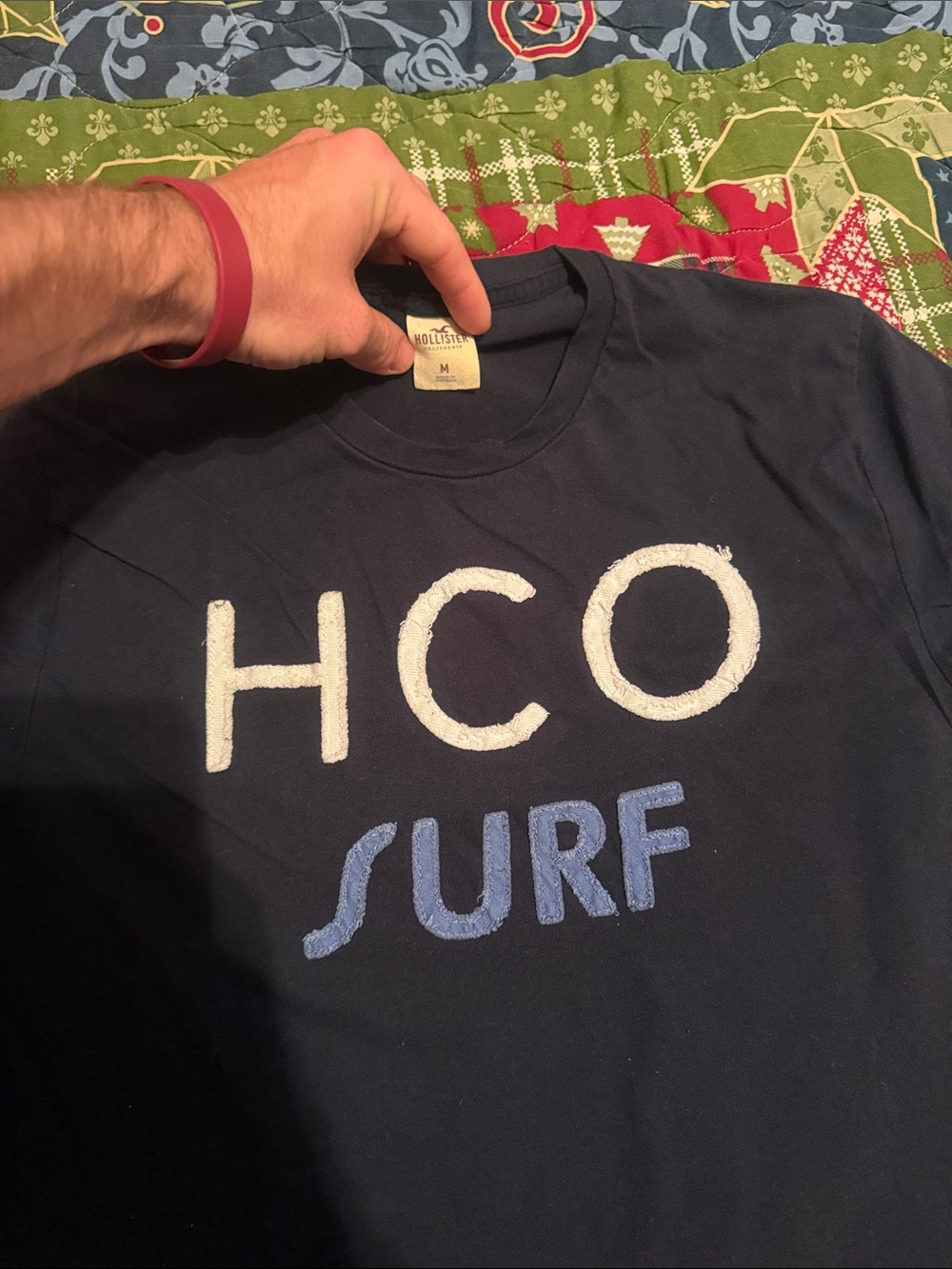Hollister Navy Tee with White HCO and Light Blue SURF Graphics